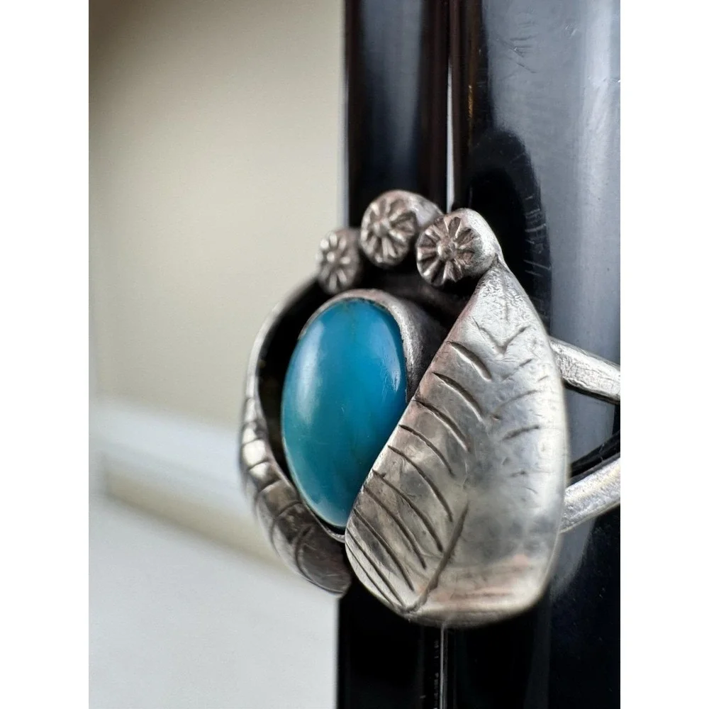 VTG Navajo Sterling Silver Turquoise Leaf Feather Ring Sz6 Old Pawn Southwestern